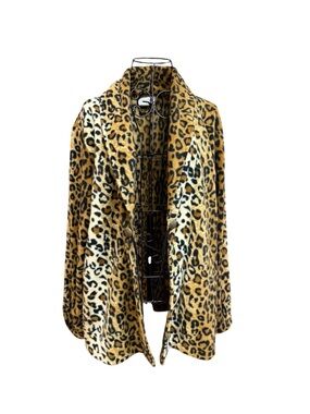 Leopard Print Teddy Jacket - Women's Open Front Coat in Tan & Black